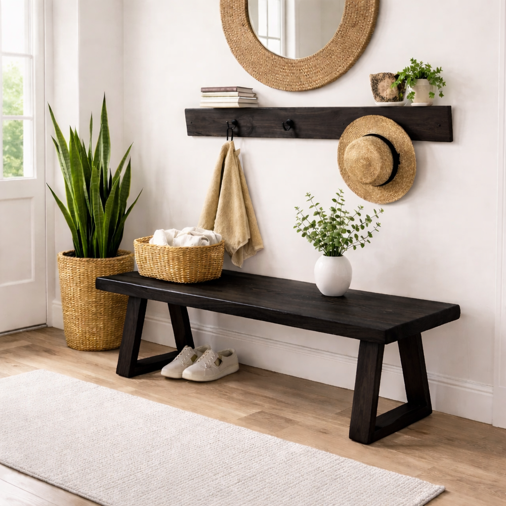 Solid Wood Entryway Bench with Storage | Rustic Modern Hallway Bench - view 4 of 7