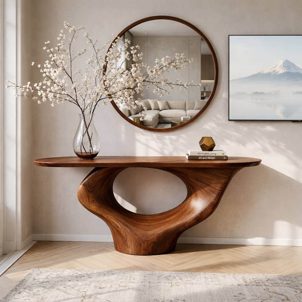 Solid Wood Console Table with Sculptural Base, Modern Minimalist Design - view 2 of 7