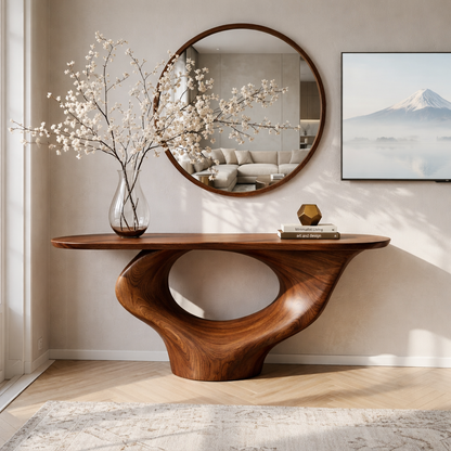 Solid Wood Console Table with Sculptural Base, Modern Minimalist Design - view 2 of 7