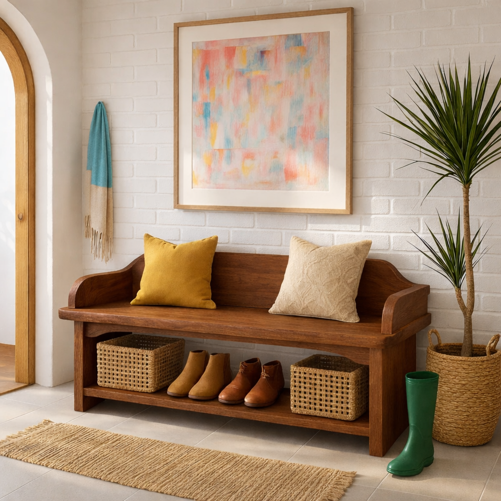 Solid Wood Entryway Bench with Armrests and Shoe Shelf Storage - view 3 of 7