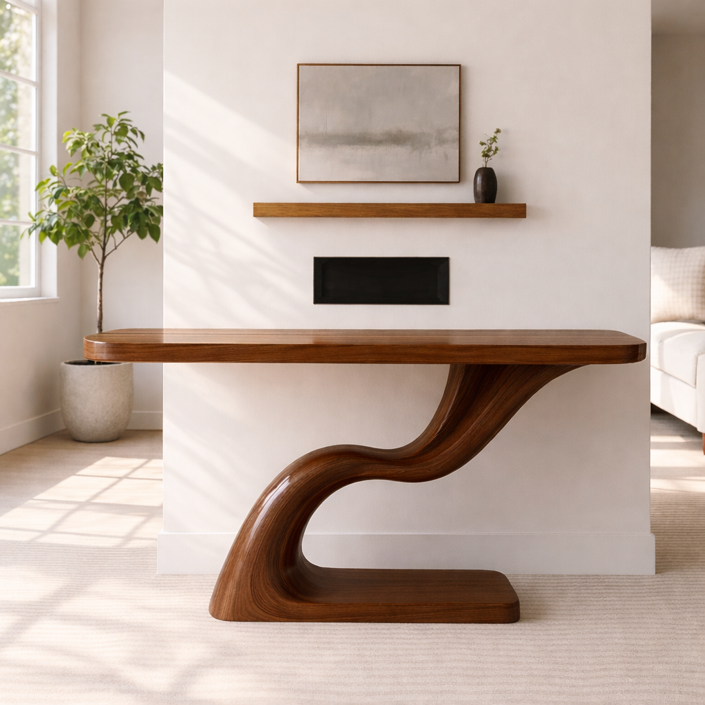 Modern Sculptural Solid Wood Console Table, Curved Base Entryway Hallway Statement Furniture - view 6 of 7