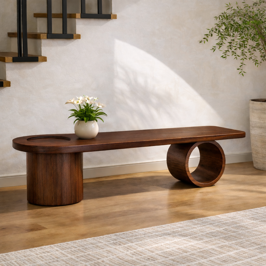 Modern Solid Oak Sculptural Bench, Minimalist Geometric Statement Seat - view 6 of 7