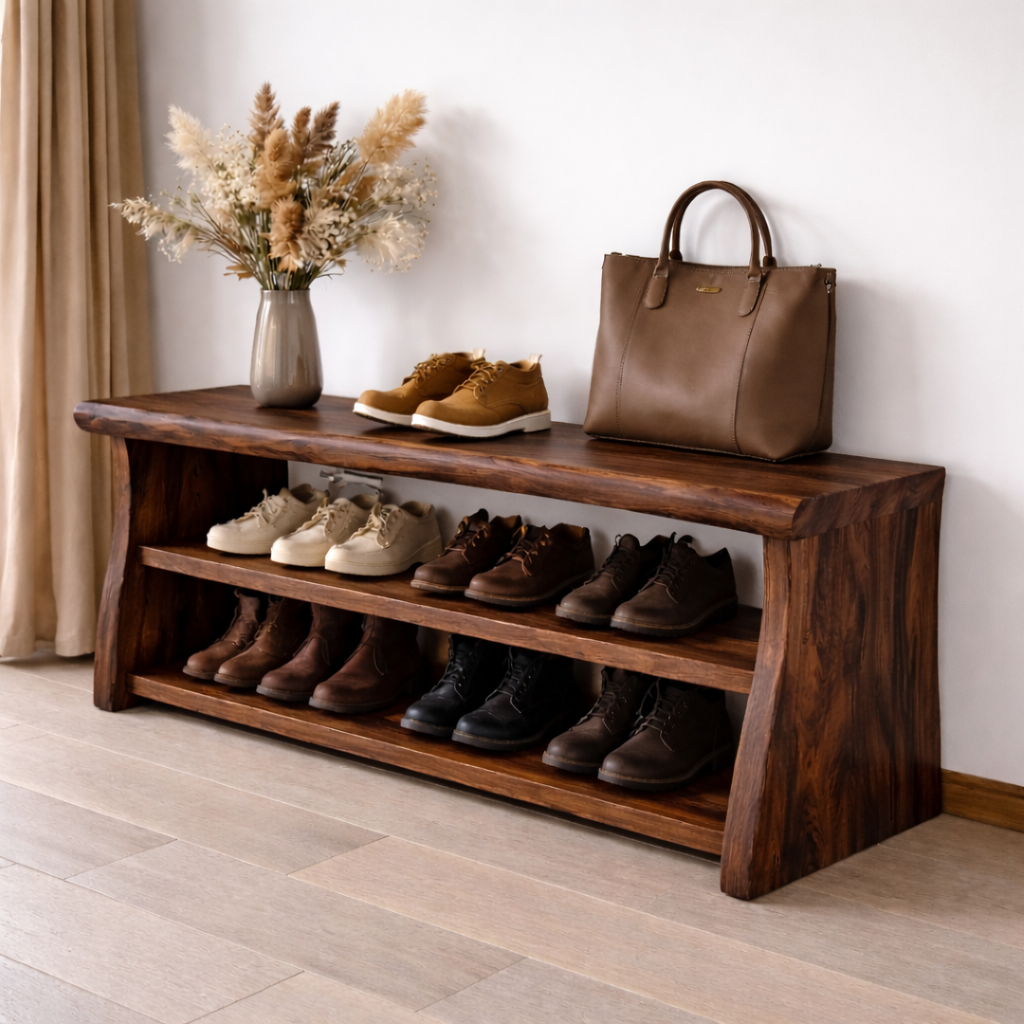 Solid Wood Entryway Bench with Shoe Storage Shelf – Rustic Wooden Shoe Rack Bench - view 2 of 7