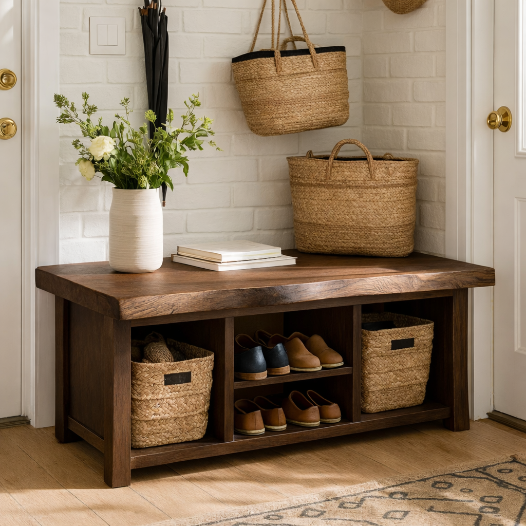 Solid Wood Entryway Bench with Storage Cubbies and Shoe Organizer Shelf - view 6 of 7