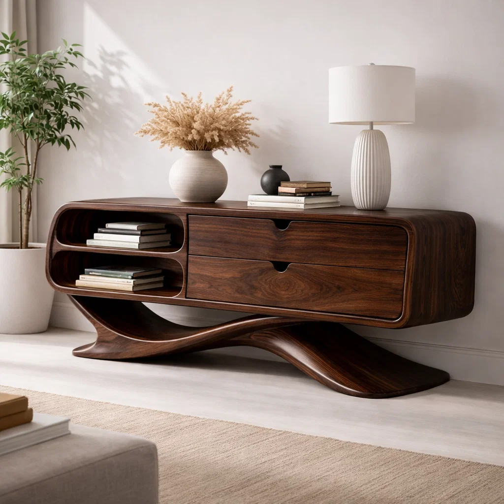 Solid Wood Sculptural Console Cabinet with Drawers & Open Shelf – Modern Curved Base - view 2 of 7