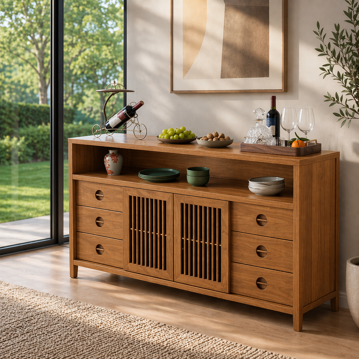 Solid Wood Console Sideboard with Slatted Doors – Modern Walnut Storage Cabinet - view 3 of 7