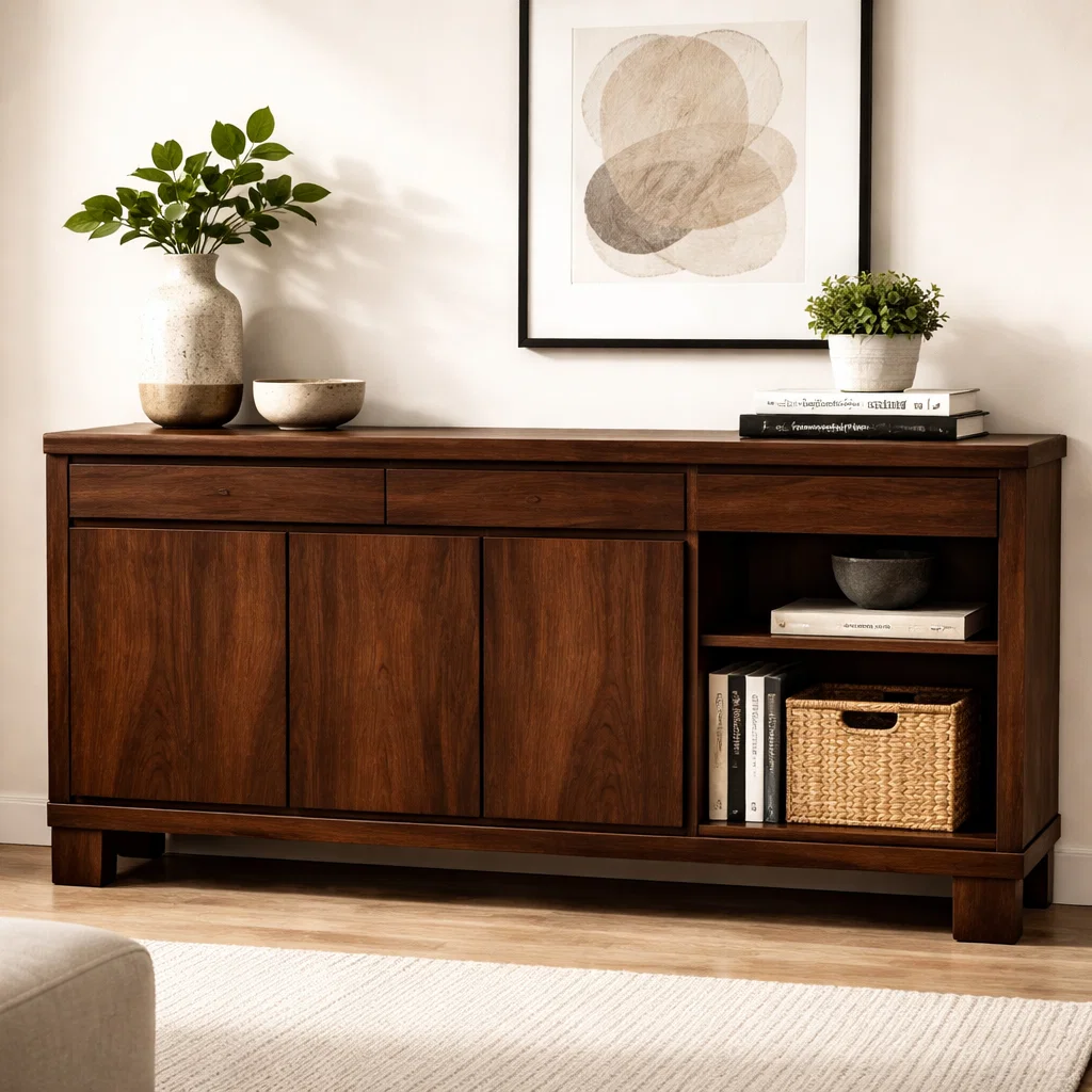 Solid Wood Console Cabinet with Drawers and Open Shelf – Modern Sideboard - view 2 of 7