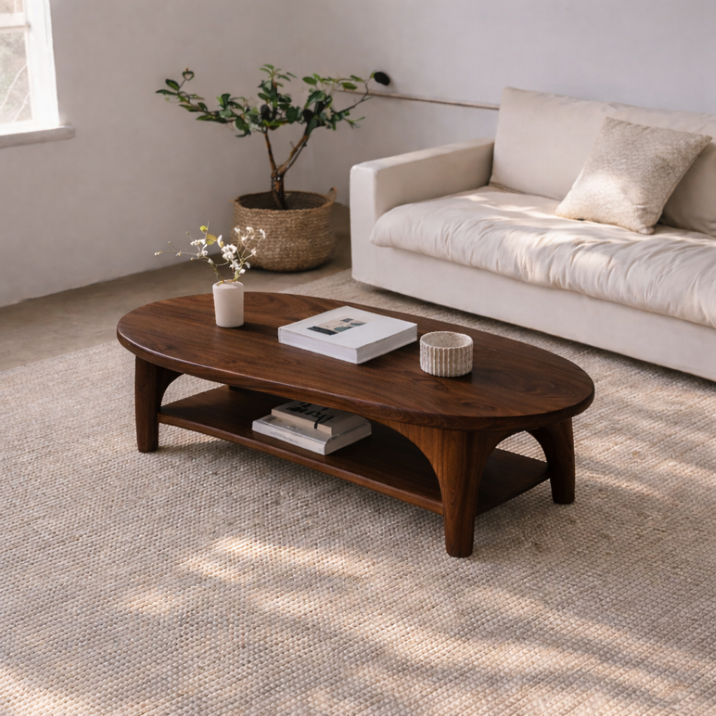 Handcrafted Solid Wood Coffee Table – Oval Modern Center Table with Shelf - view 3 of 7