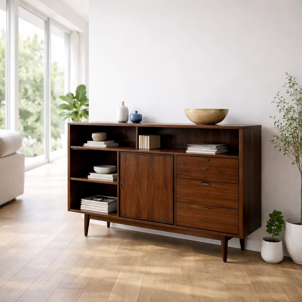 Solid Wood Sideboard Console with Drawers & Shelves – Modern Storage Cabinet - view 2 of 7