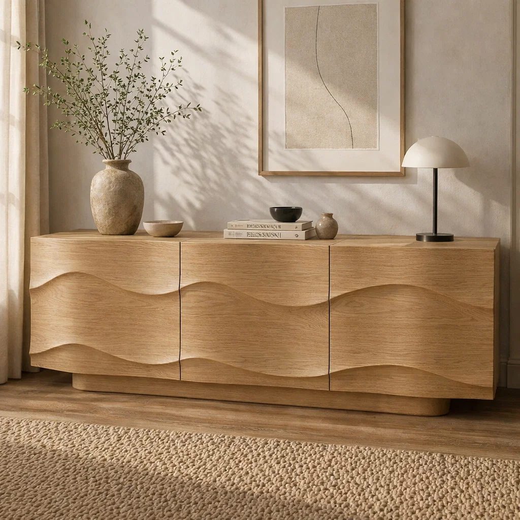 Modern Solid Wood Sideboard Cabinet with Wave Design Doors – Minimalist Storage - view 1 of 7