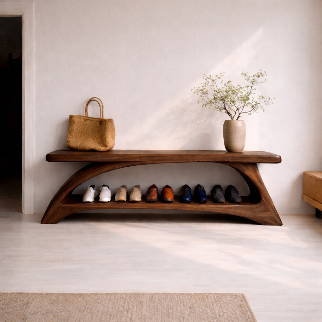 Solid Wood Entryway Bench with Shoe Storage Shelf – Modern Curved Wooden Shoe Rack Bench - view 2 of 7