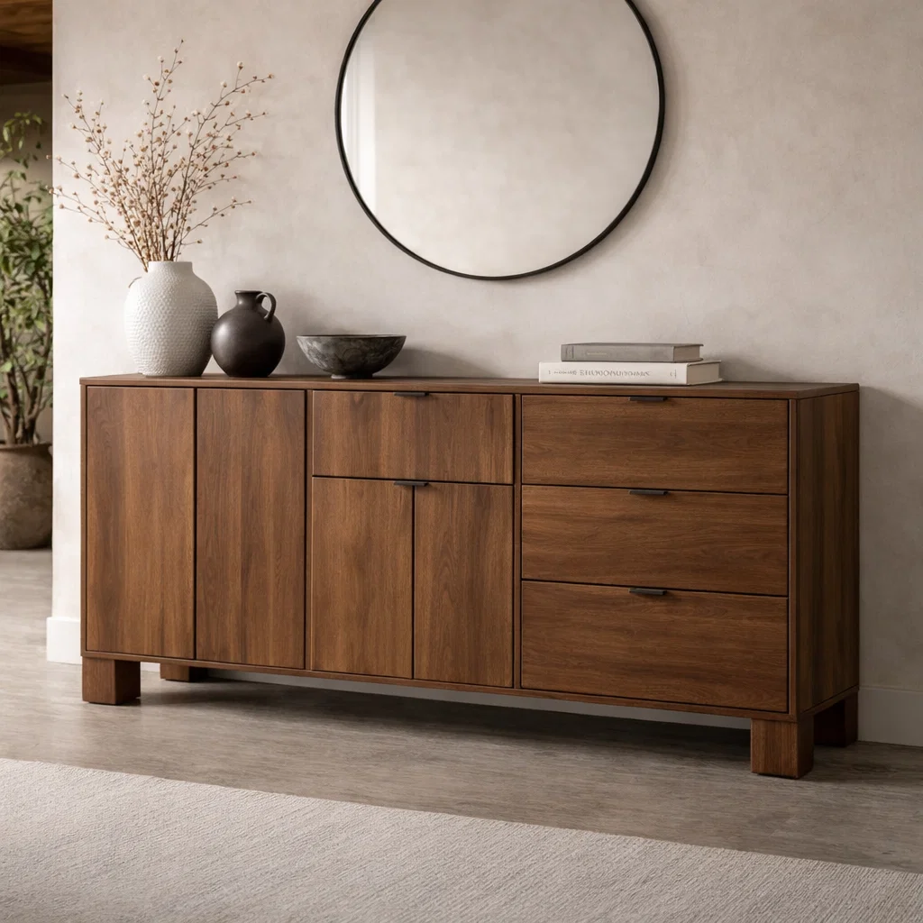 Modern Solid Wood Console Cabinet with Drawers and Doors Storage - view 2 of 7