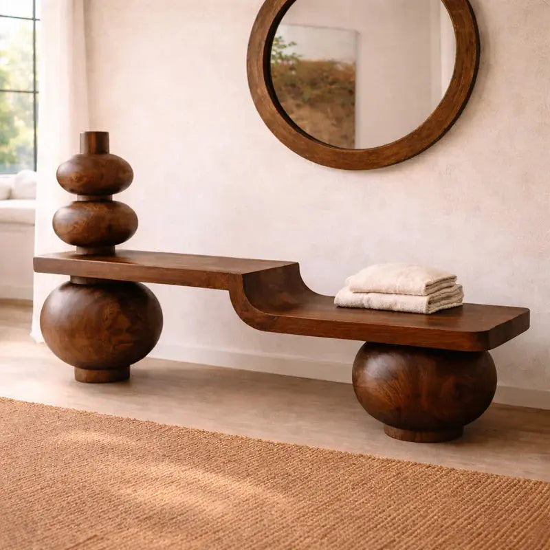 Sculptural Solid Wood Bench, Modern Artistic Entryway Statement Seating - view 5 of 7
