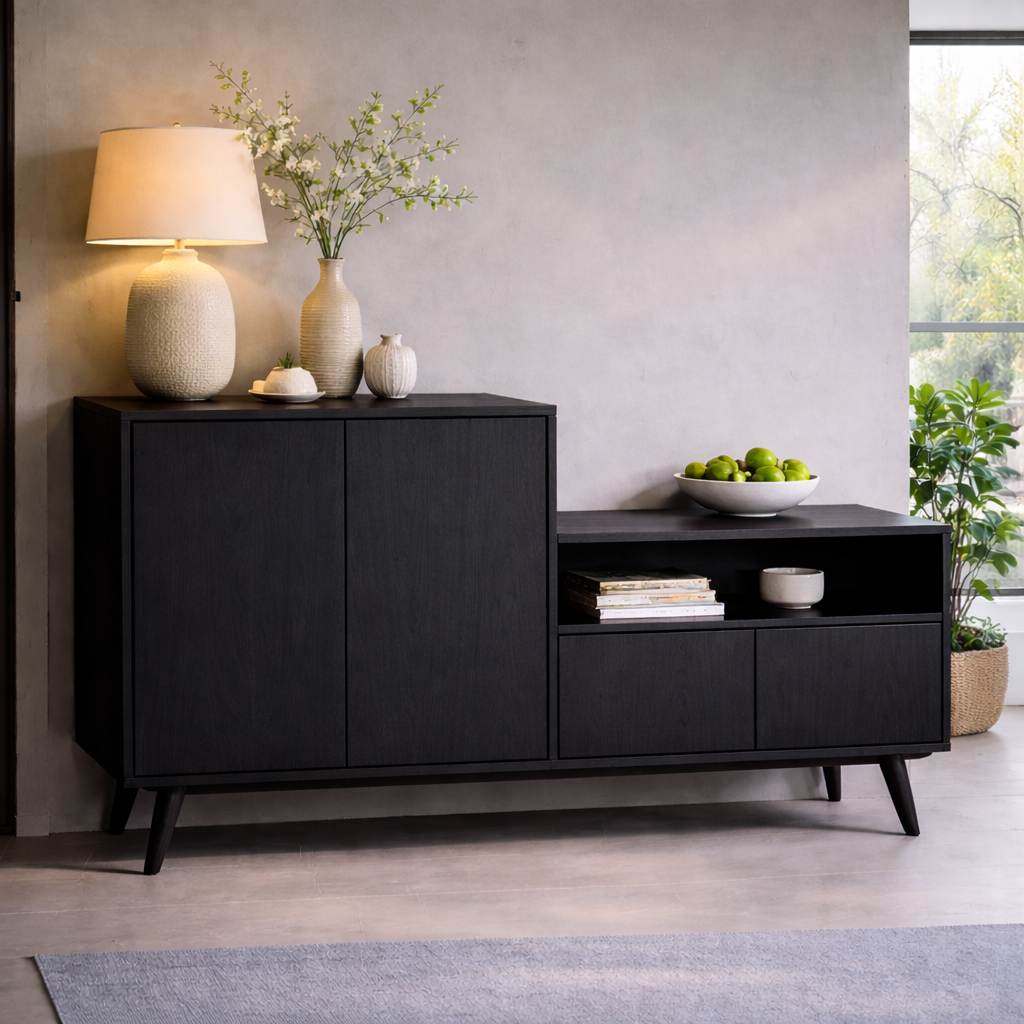 Solid Wood Console Cabinet with Open Shelf and Storage Doors – Modern Sideboard - view 4 of 7