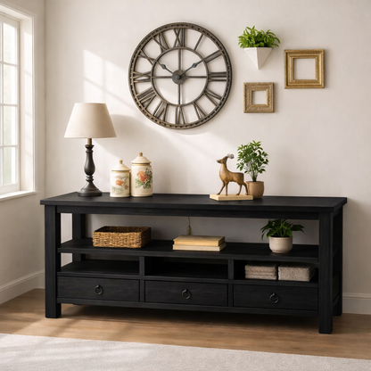Solid Wood Console Table with Drawers, Rustic Oak Media Console Table with Open Shelves - view 6 of 6