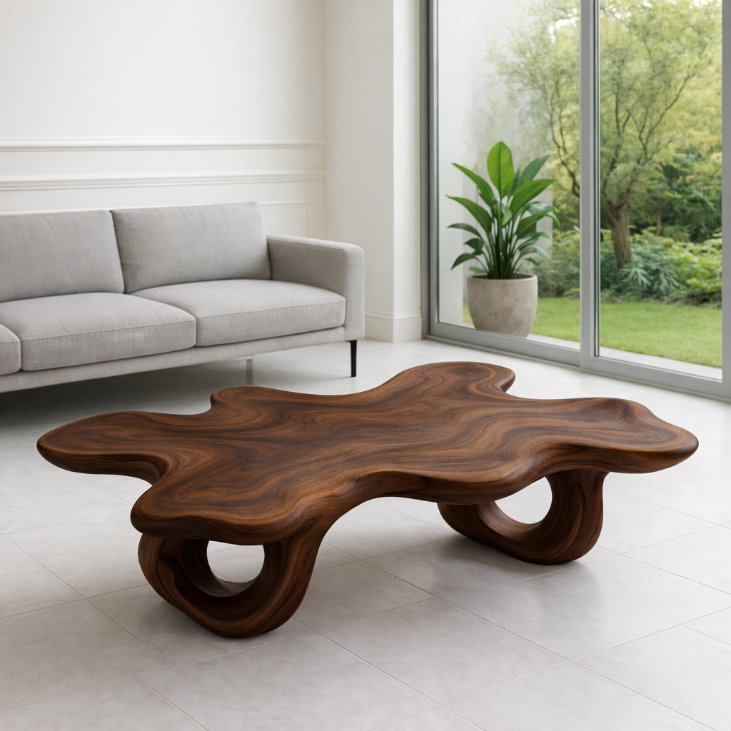 Modern Solid Wood Coffee Table with Unique Organic Shape for Contemporary Living Room - view 4 of 7