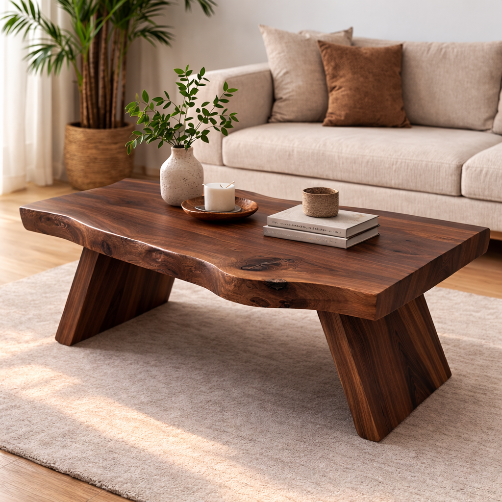 Live Edge Solid Wood Coffee Table with Thick Slab Top – Rustic Modern Living Room Table - view 3 of 7