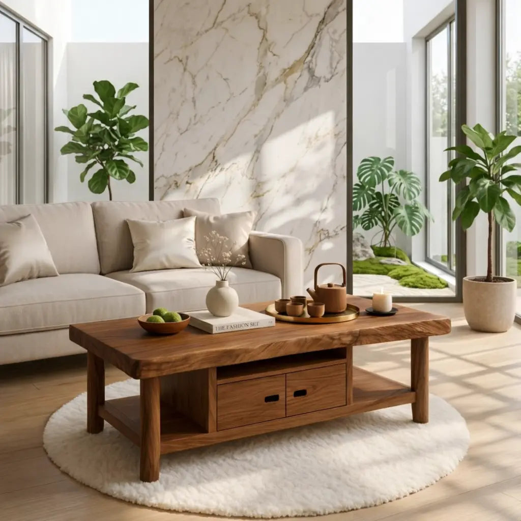 Solid Wood Coffee Table with Storage Shelf and Drawers for Living Room Decor - view 3 of 7