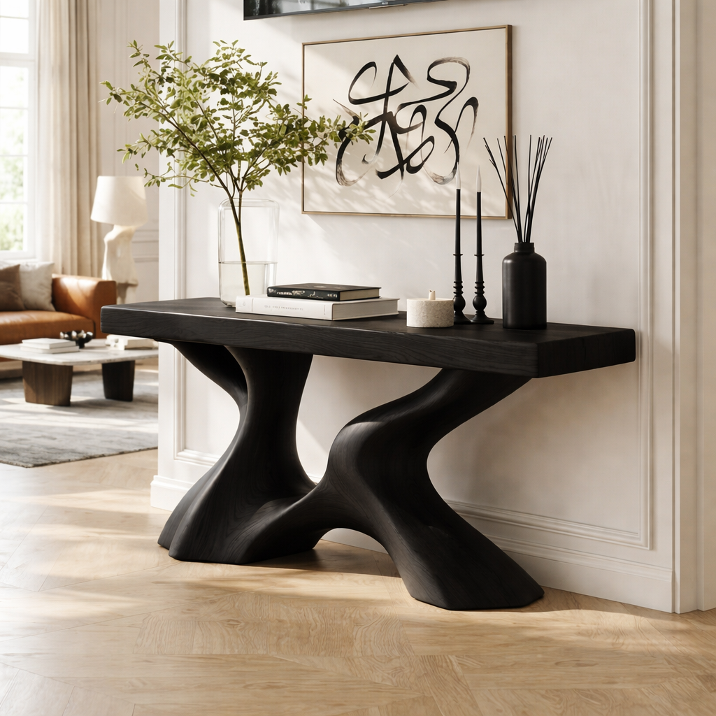 Solid Wood Console Table with Sculpted Curved Base, Modern Organic Design - view 4 of 7