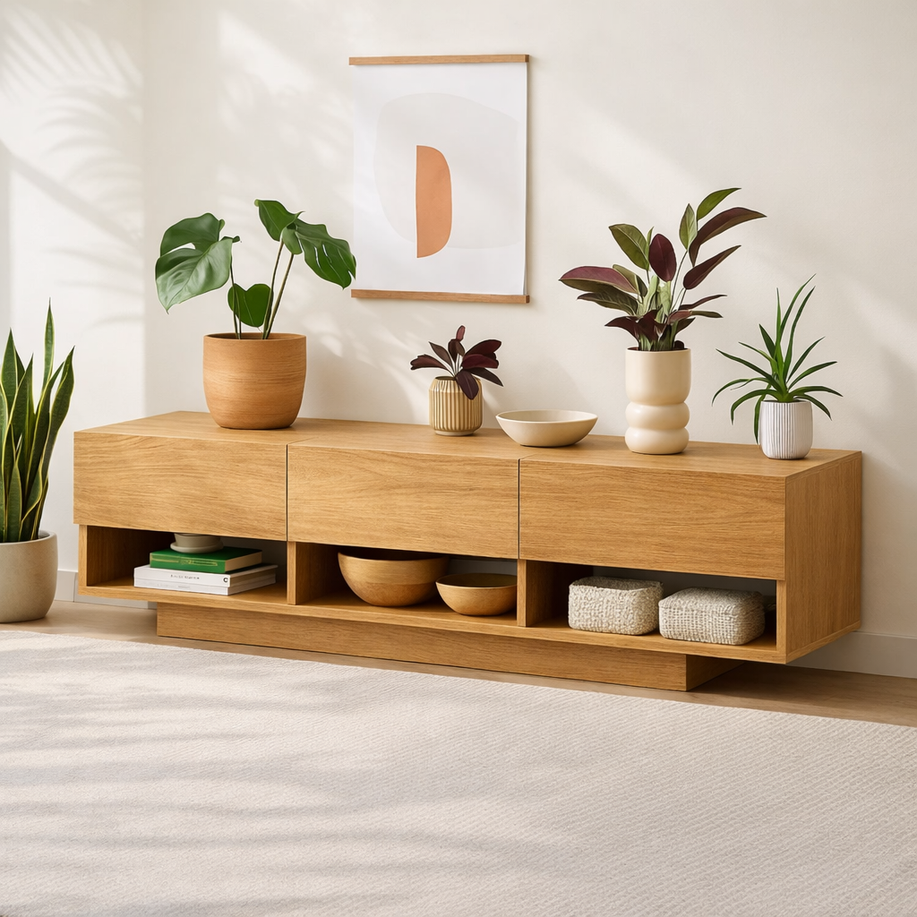 Modern Solid Wood Console Table, Minimalist Media Console Cabinet with Open Storage Shelves - view 1 of 7