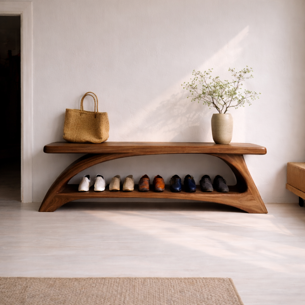 Solid Wood Entryway Bench with Shoe Storage Shelf – Modern Curved Wooden Shoe Rack Bench - view 3 of 7