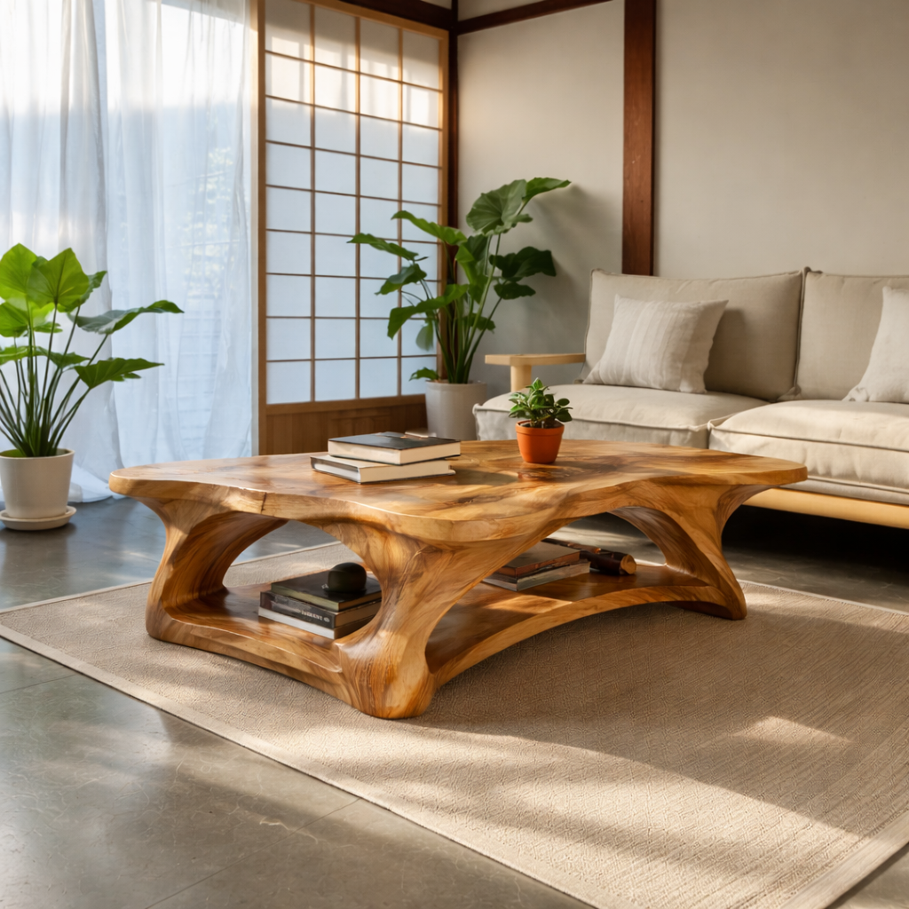 Solid Wood Coffee Table with Sculpted Organic Design – Modern Living Room Furniture - view 4 of 7