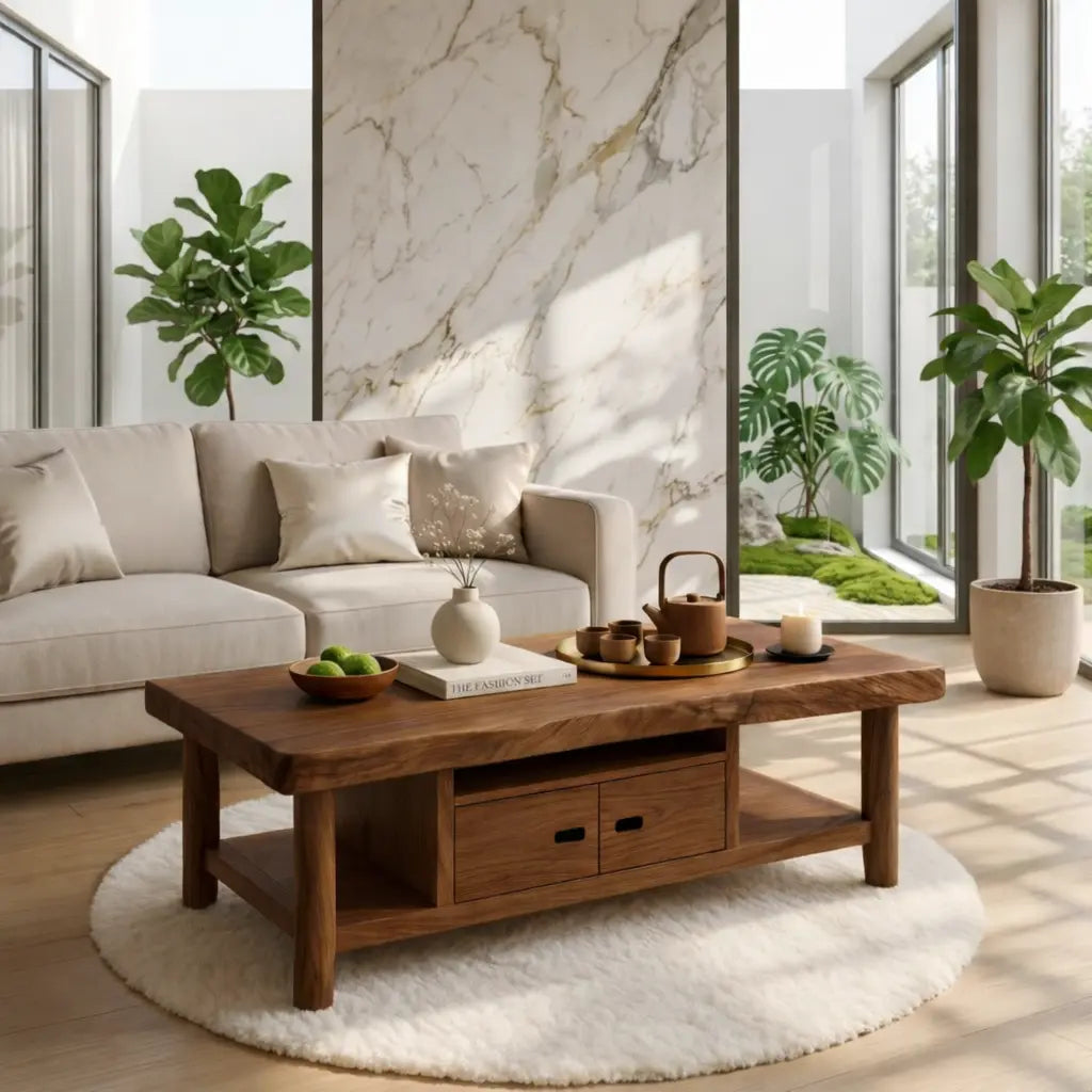 Solid Wood Coffee Table with Storage Shelf and Drawers for Living Room Decor - view 2 of 7