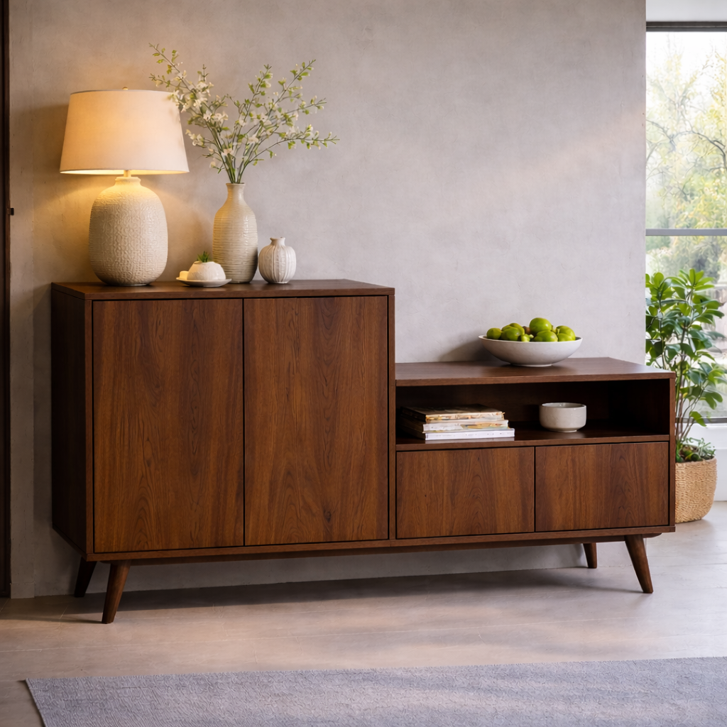 Solid Wood Console Cabinet with Open Shelf and Storage Doors – Modern Sideboard - view 2 of 7