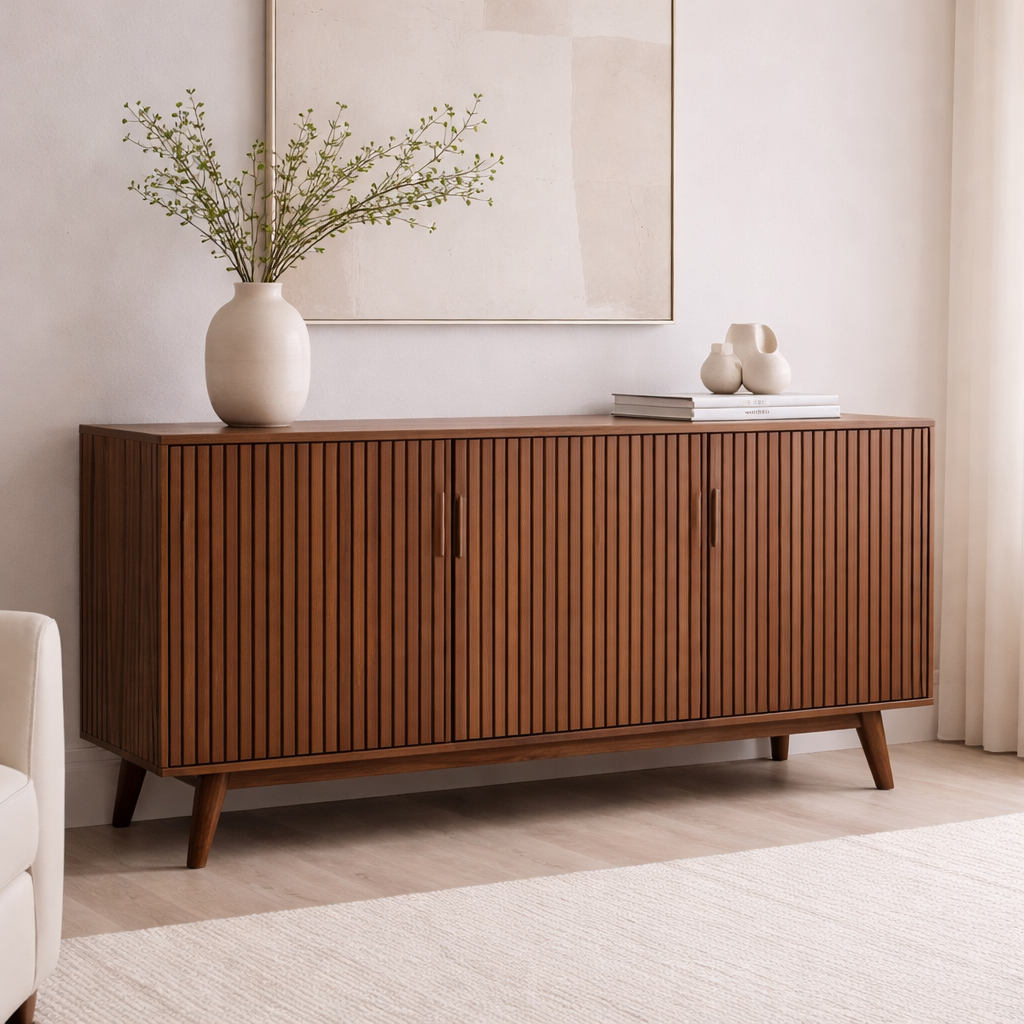 Solid Wood Fluted Console Cabinet with Doors – Modern Storage Sideboard - view 2 of 7