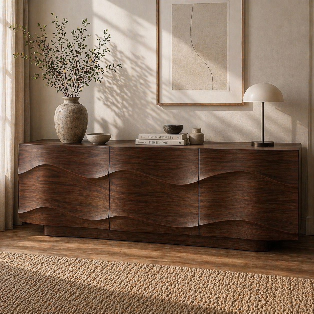 Modern Solid Wood Sideboard Cabinet with Wave Design Doors – Minimalist Storage - view 2 of 7