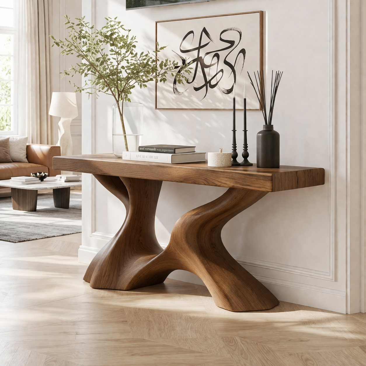 Solid Wood Console Table with Sculpted Curved Base, Modern Organic Design - view 3 of 7