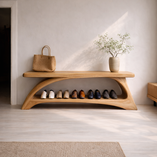 Solid Wood Entryway Bench with Shoe Storage Shelf – Modern Curved Wooden Shoe Rack Bench - view 1 of 7