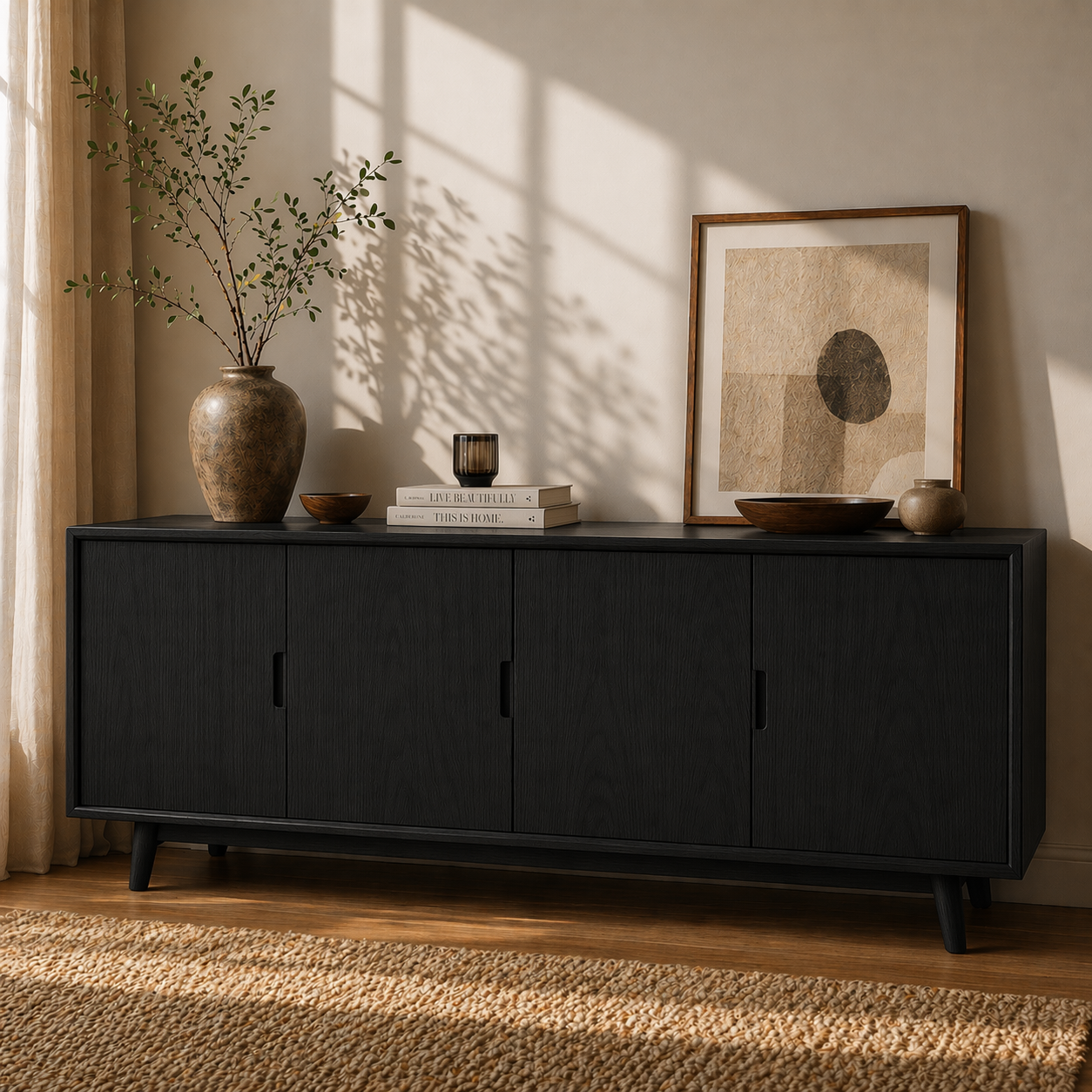 Modern Solid Wood Sideboard Cabinet with 4 Doors – Minimalist Storage Credenza - view 4 of 7