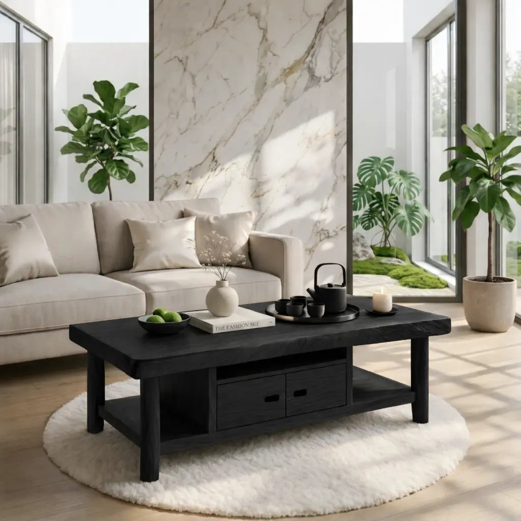 Solid Wood Coffee Table with Storage Shelf and Drawers for Living Room Decor - view 4 of 7