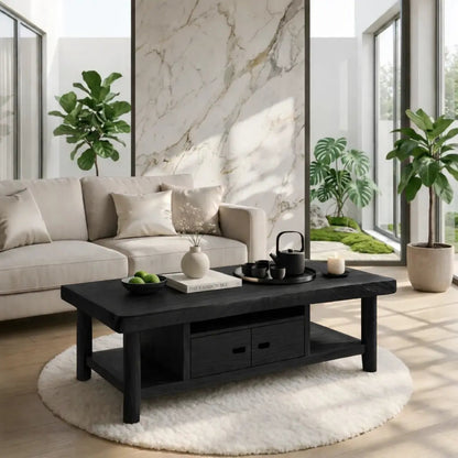 Solid Wood Coffee Table with Storage Shelf and Drawers for Living Room Decor - view 4 of 7