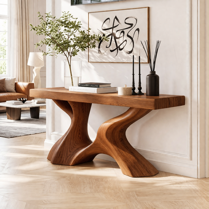 Solid Wood Console Table with Sculpted Curved Base, Modern Organic Design - view 2 of 7