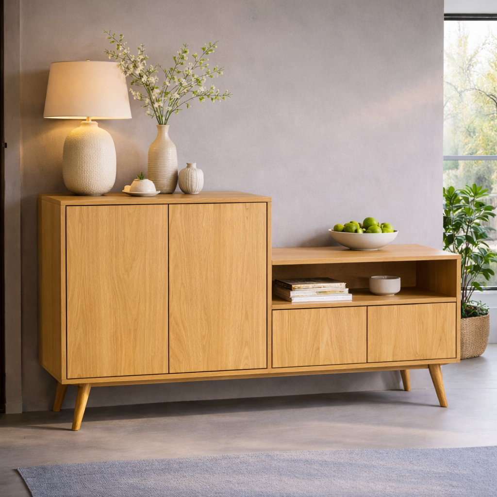 Solid Wood Console Cabinet with Open Shelf and Storage Doors – Modern Sideboard - view 1 of 7