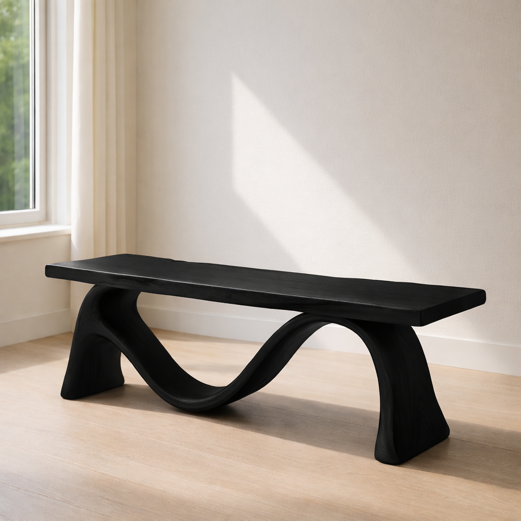 Solid Wood Bench with Sculptural Curved Base – Modern Entryway or Living Room Bench - view 4 of 7