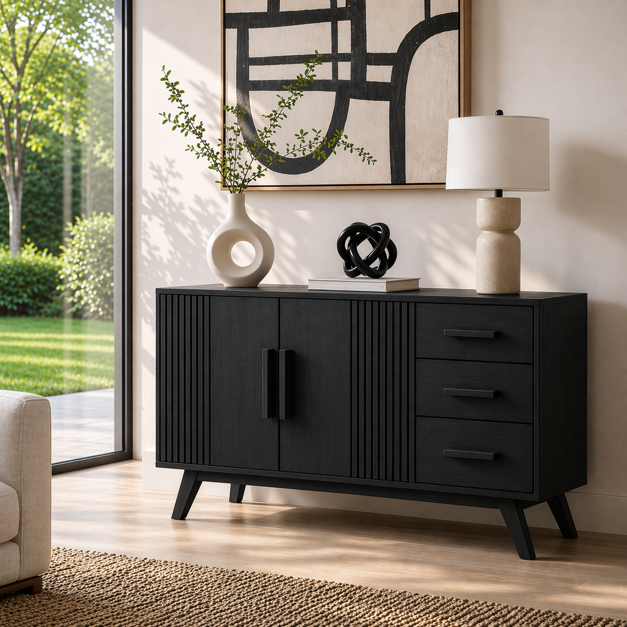 Solid Wood Console Sideboard with Slatted Design – Modern Walnut Storage Cabinet - view 4 of 7