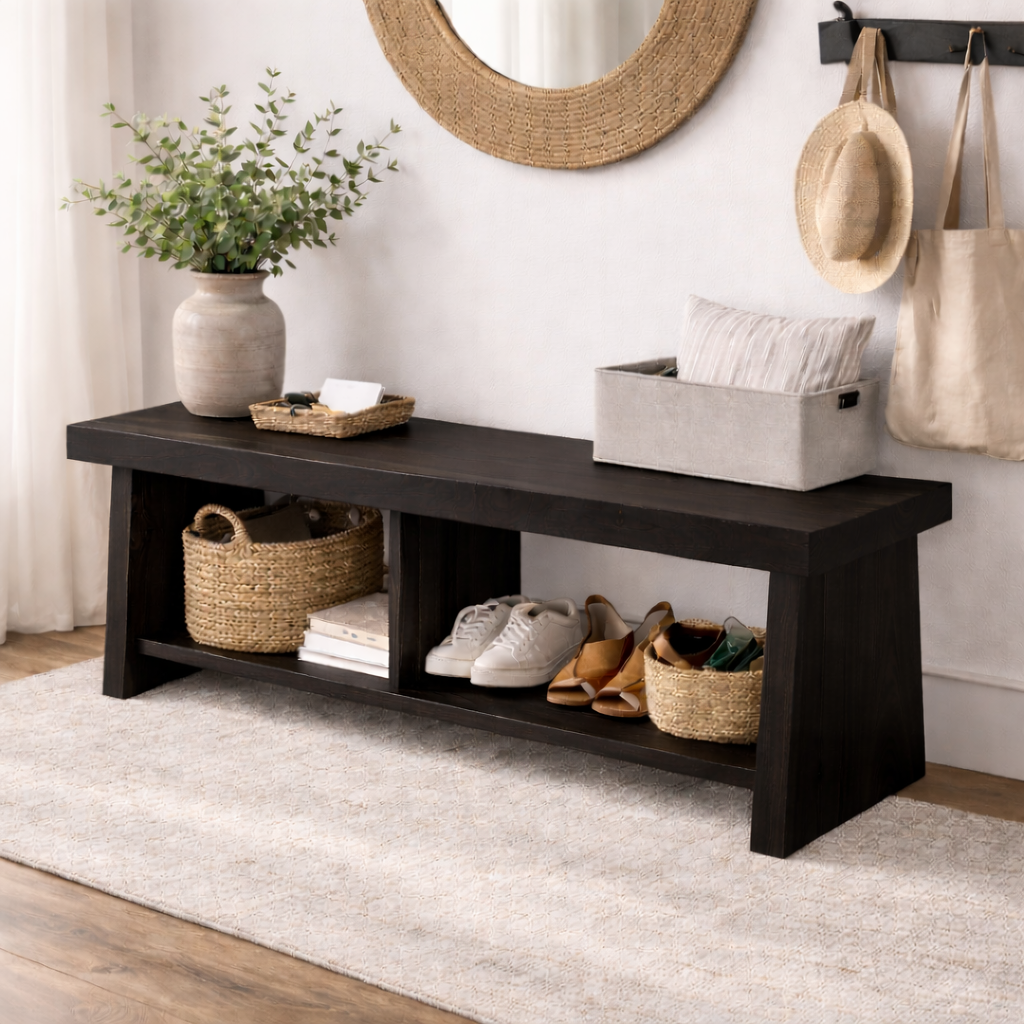 Solid Wood Entryway Bench with Storage | Rustic Hallway Bench with Open Shelves - view 4 of 7
