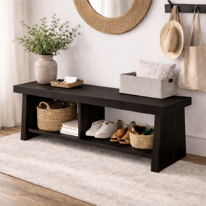 Solid Wood Entryway Bench with Storage | Rustic Hallway Bench with Open Shelves - view 4 of 7