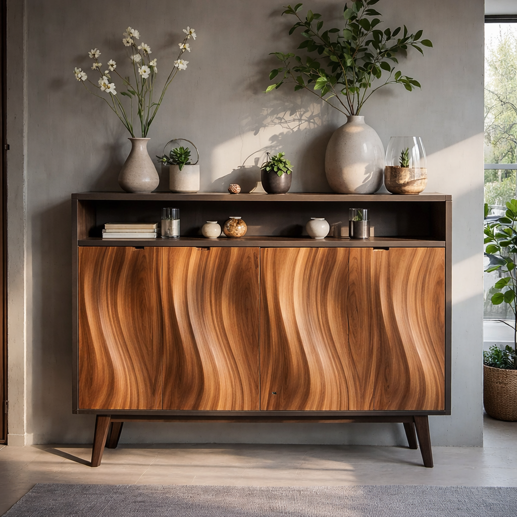 Modern Solid Wood Console Cabinet with Open Shelf and Sculpted Wood Doors - view 3 of 7