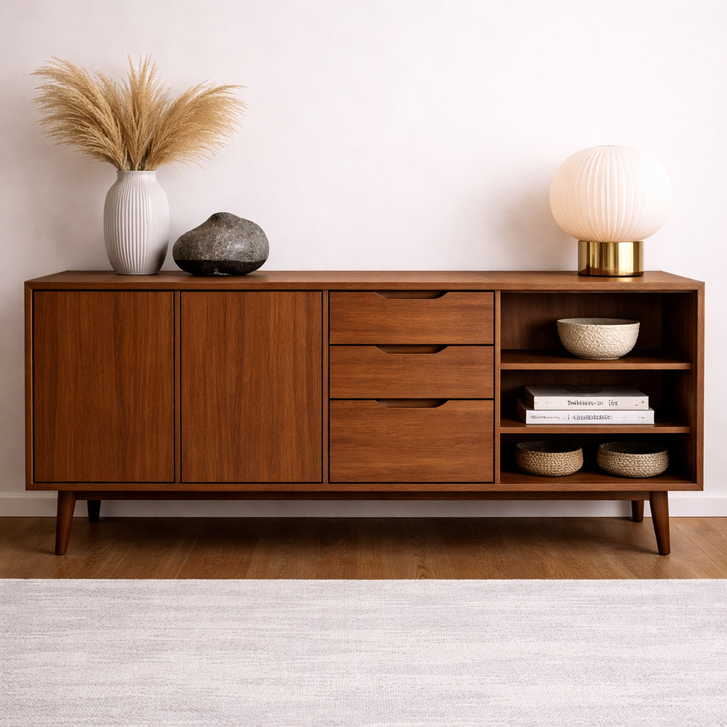 Mid-Century Solid Wood Console Cabinet with Drawers, Doors and Open Shelf - view 2 of 7