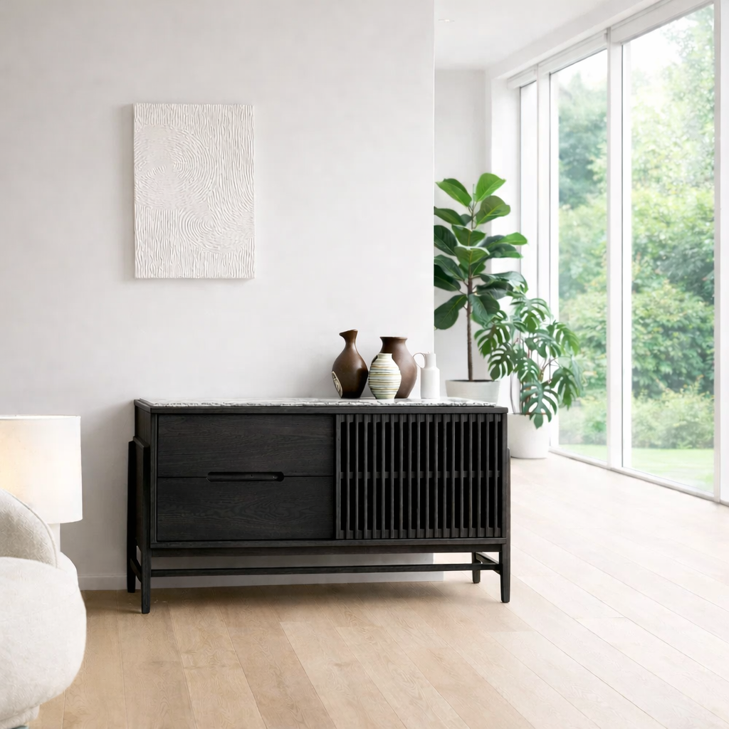 Modern Sideboard Cabinet with Slatted Door and Drawer – Minimal Storage Console - view 4 of 7