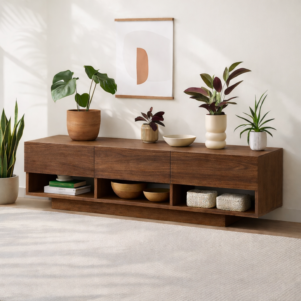 Modern Solid Wood Console Table, Minimalist Media Console Cabinet with Open Storage Shelves - view 5 of 7