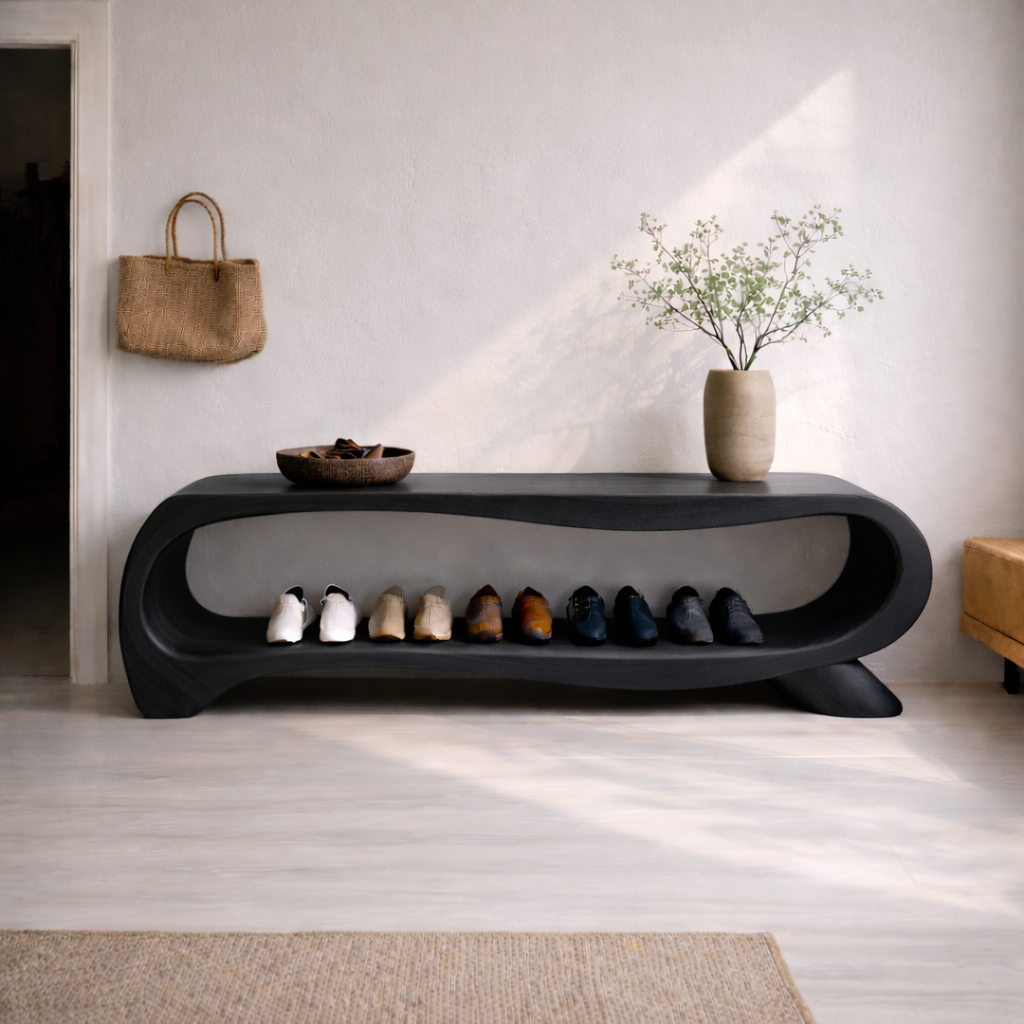 Modern Solid Wood Entryway Bench with Shoe Storage Shelf – Curved Wooden Shoe Rack Bench - view 4 of 7