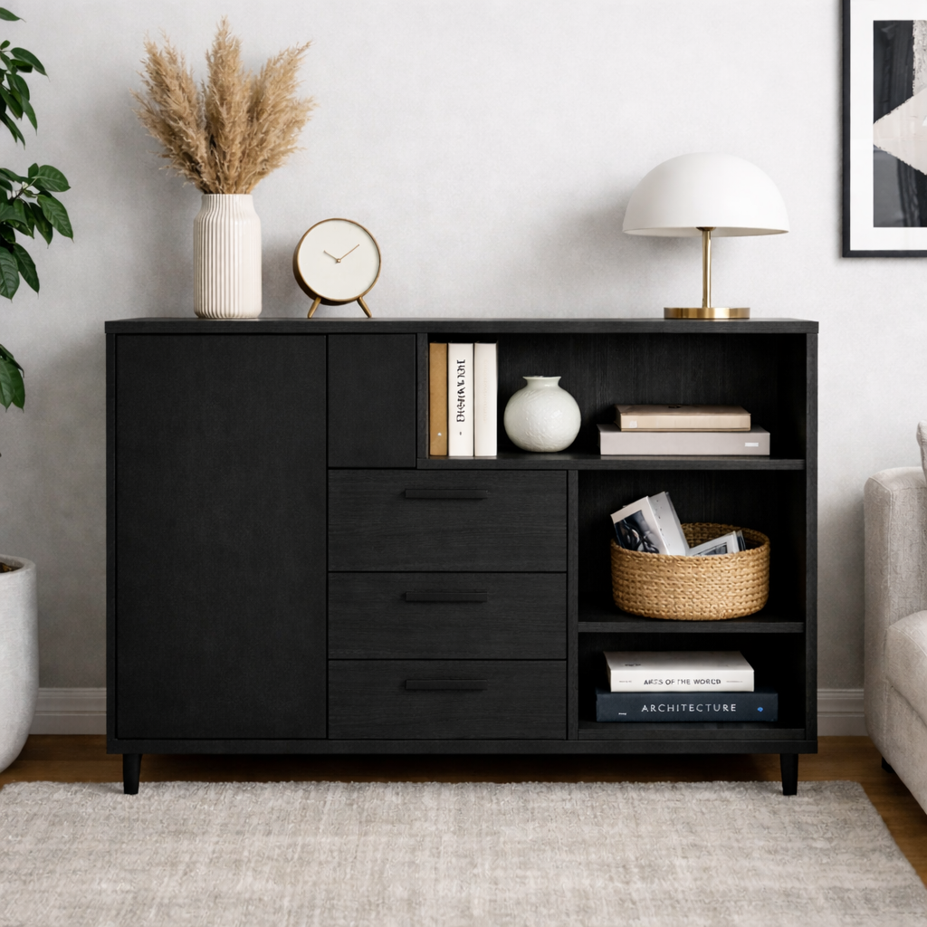 Modern Solid Wood Console Cabinet with Drawers, Door & Open Shelf Storage - view 4 of 7