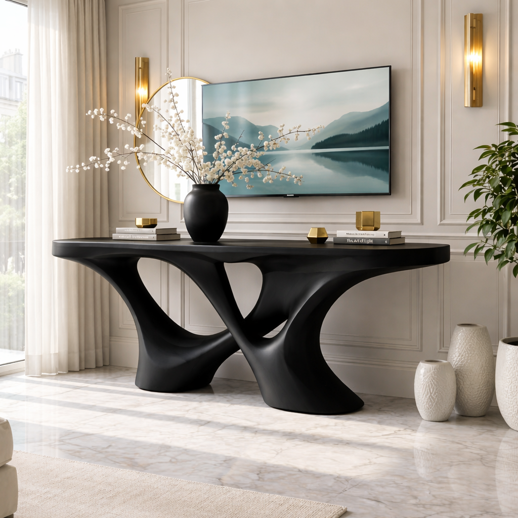 Solid Wood Console Table with Sculpted Curved Base, Artistic Modern Design - view 4 of 7