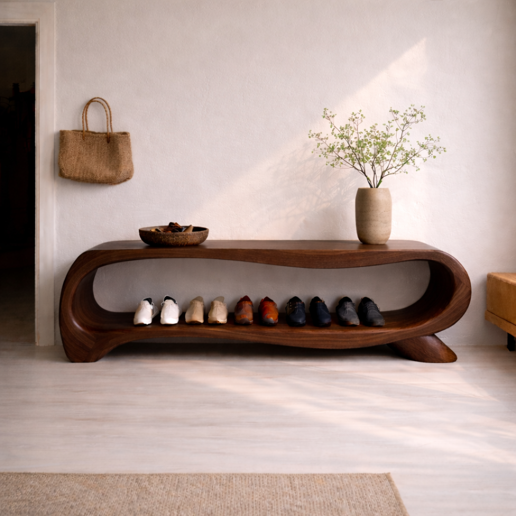 Modern Solid Wood Entryway Bench with Shoe Storage Shelf – Curved Wooden Shoe Rack Bench - view 2 of 7