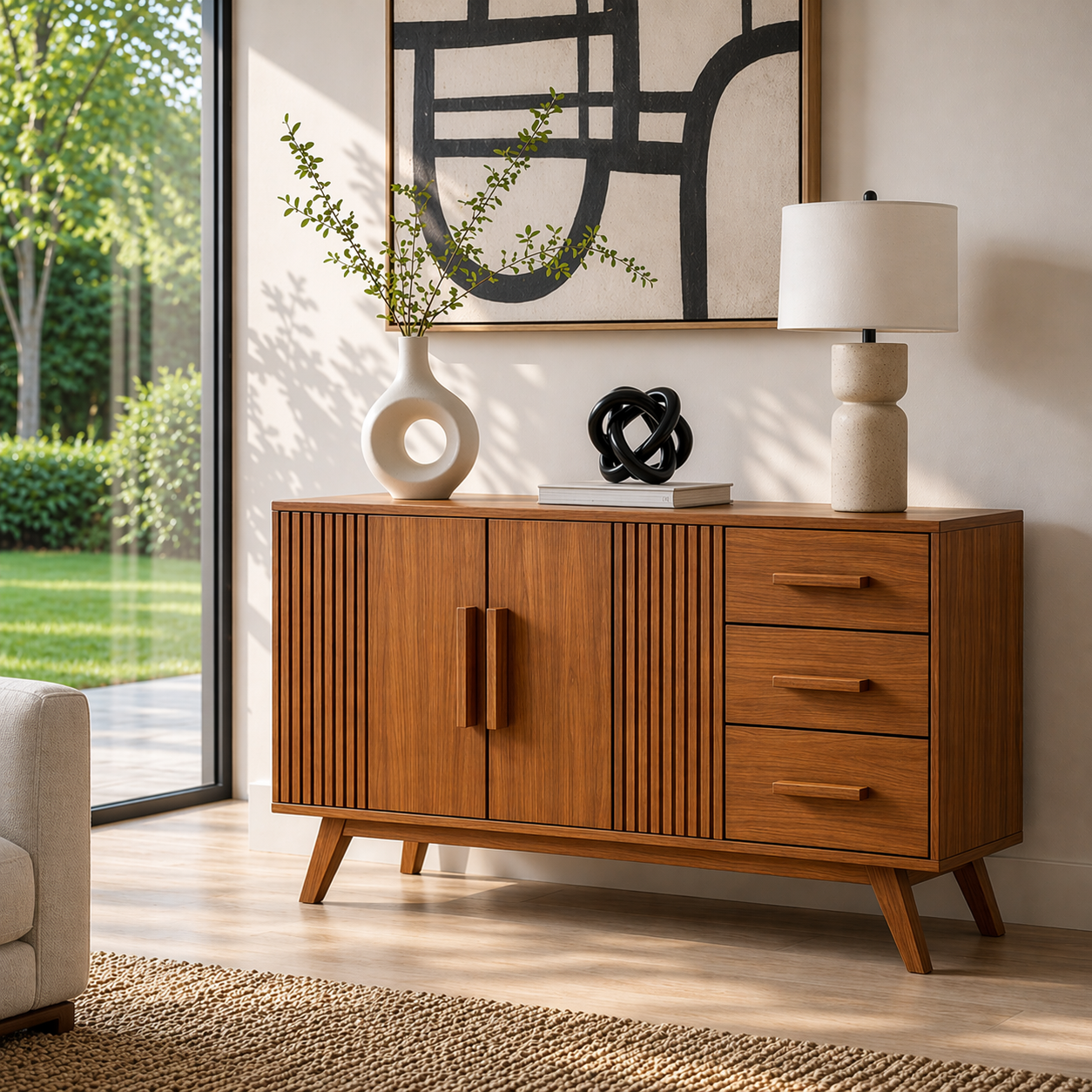 Solid Wood Console Sideboard with Slatted Design – Modern Walnut Storage Cabinet - view 3 of 7